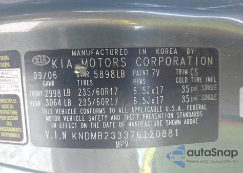 2007 Kia Sedona Ex z USA, uszkodzony, nr VIN KNDMB233376120881